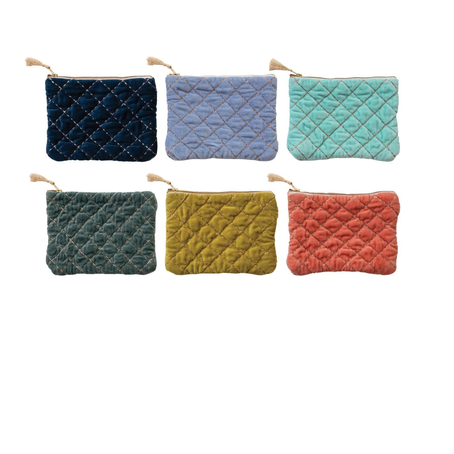 Quilted Velvet Zip Pouch with Metallic Thread, Assorted, 7"x 5"
