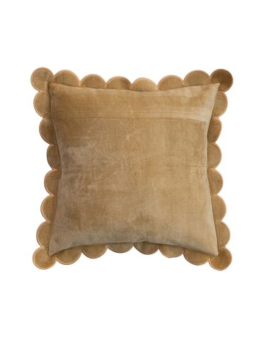 Velvet Pillow with Scalloped Flange & Embroidered Edge, Mustard, 18"
