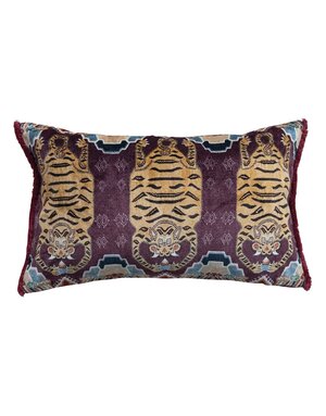 Velvet Printed Lumbar Pillow with Tibetan Tiger Pattern, 24"x 14"
