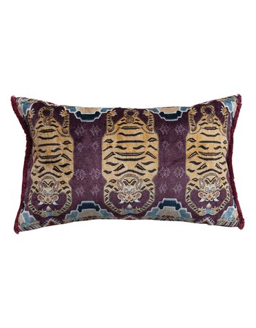Velvet Printed Lumbar Pillow with Tibetan Tiger Pattern, 24"x 14"