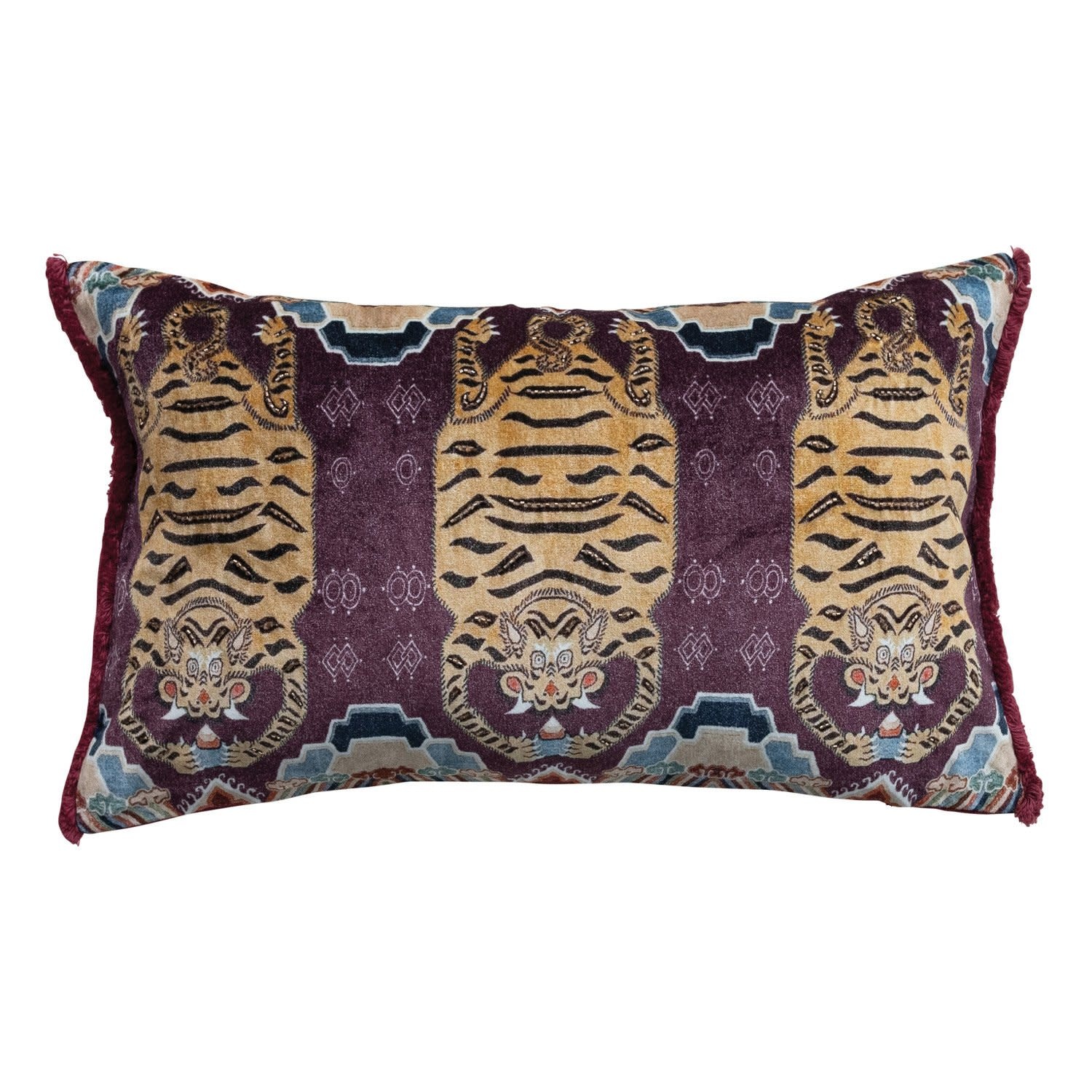 Velvet Printed Lumbar Pillow with Tibetan Tiger Pattern, 24"x 14"