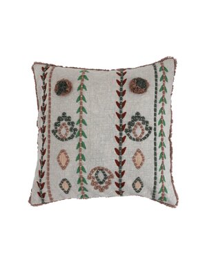 Embroidered Natural Colored Cotton Pillow, 20"