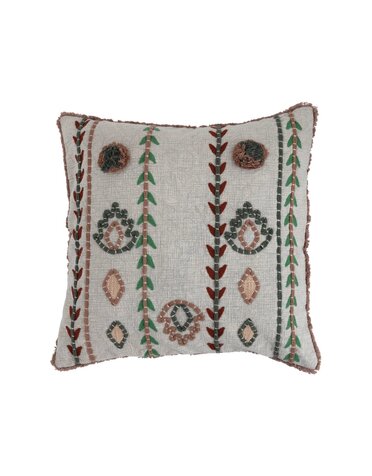 Embroidered Natural Colored Cotton Pillow, 20"