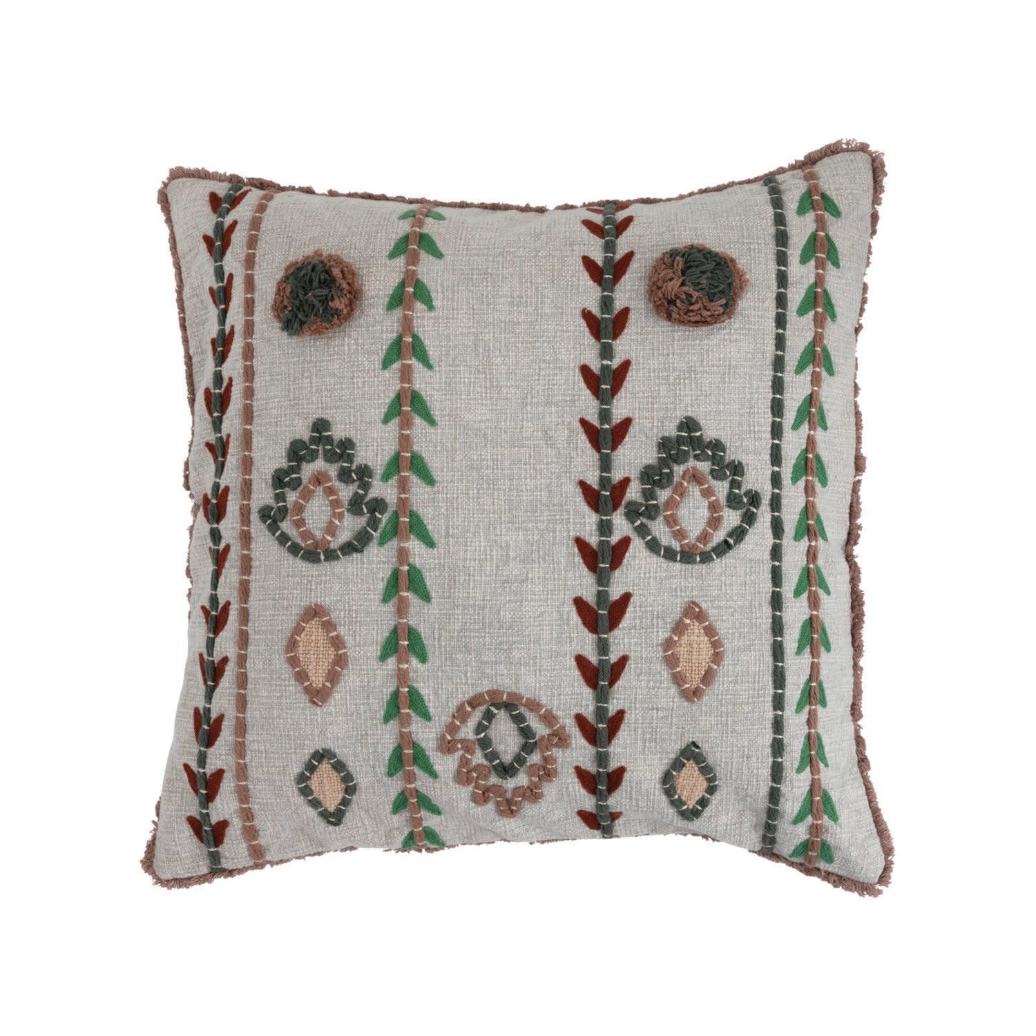 Embroidered Natural Colored Cotton Pillow, 20"