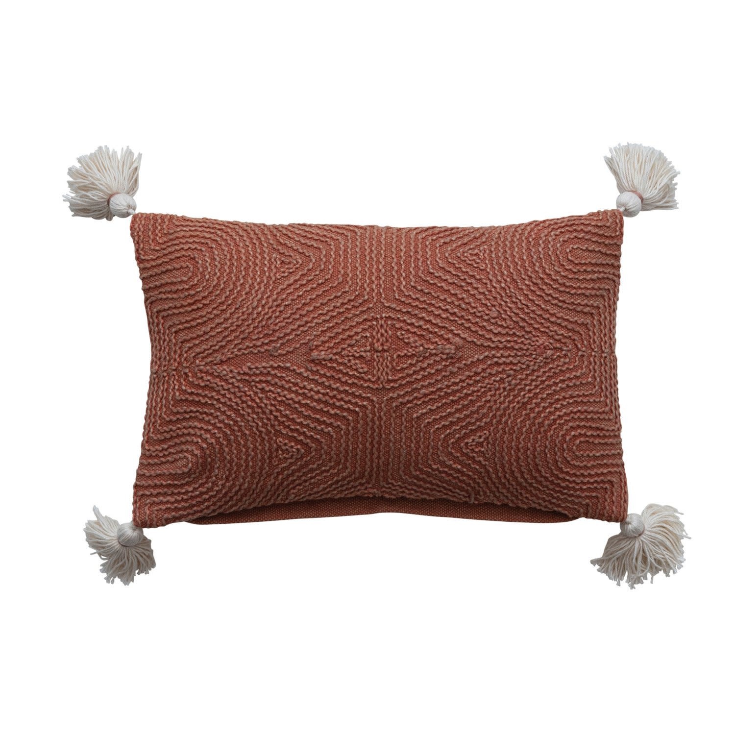 Lumbar Pillow with Embroidery & Tassels, Terra-cotta, 16"x 10"