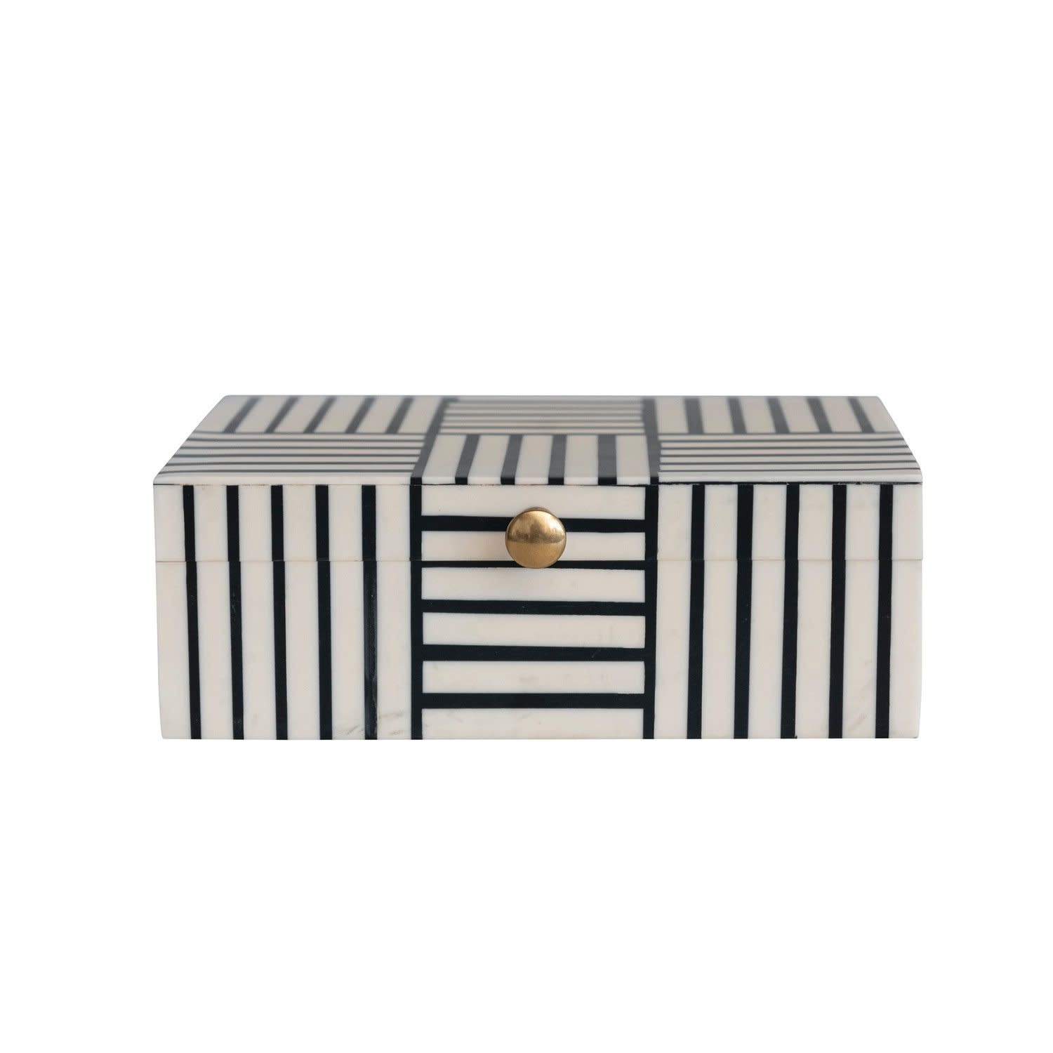 Striped Block Pattern Box with Gold Knob, Black & White, 8"x 6"