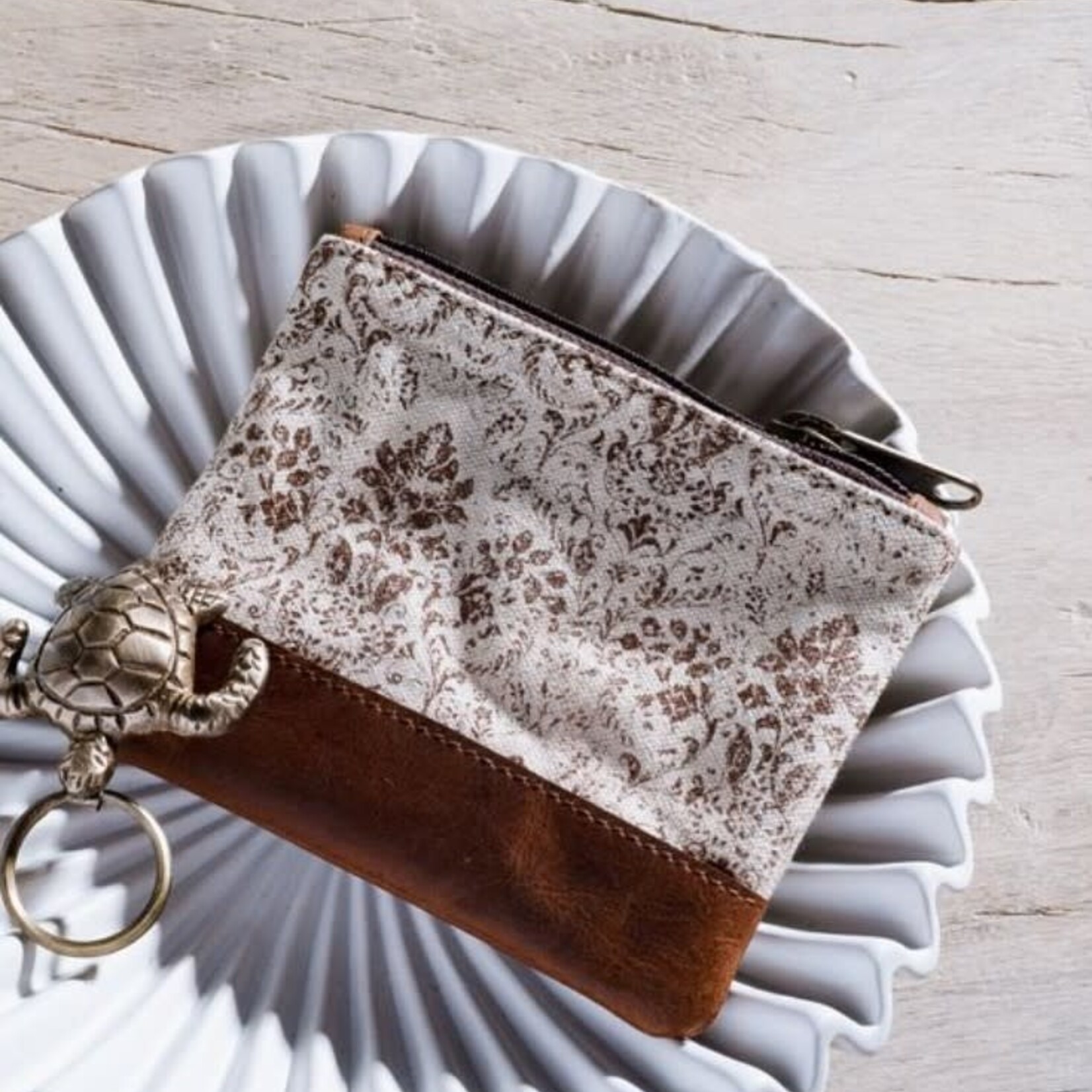Brown Floral Canvas Zip Pouch 10"