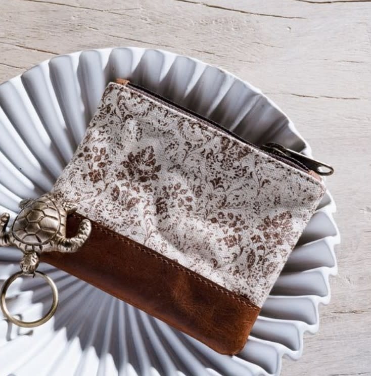 Brown Floral Canvas Zip Pouch 10"