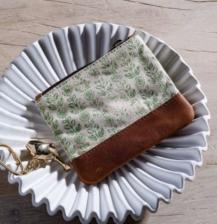 Green Floral Canvas Zip Pouch 10"