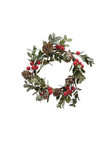 Boxwood Wreath with Natural Pinecones & Red Berries, 4"Rnd