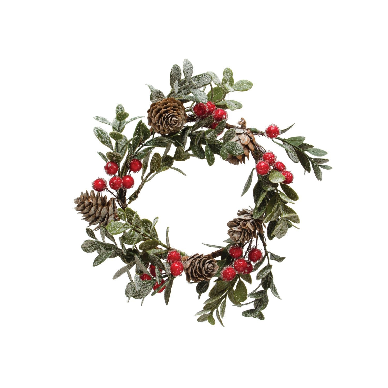 Boxwood Wreath with Natural Pinecones & Red Berries, 4"Rnd