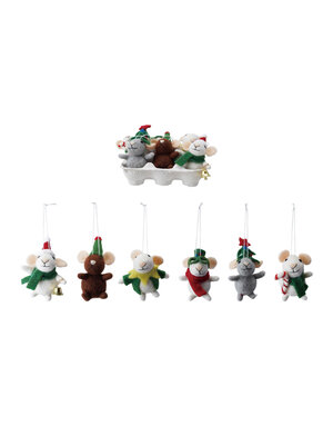 Handmade Wool Felt Mice Ornaments in Egg Crate, Set of 6