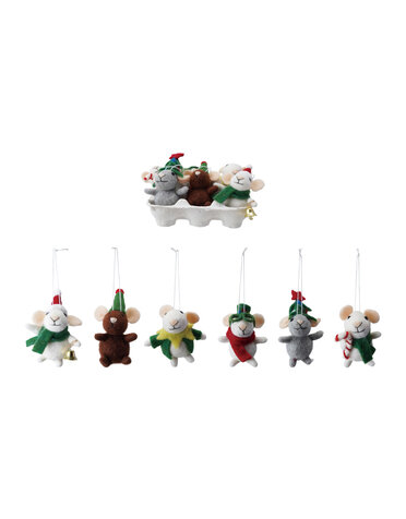 Handmade Wool Felt Mice Ornaments in Egg Crate, Set of 6