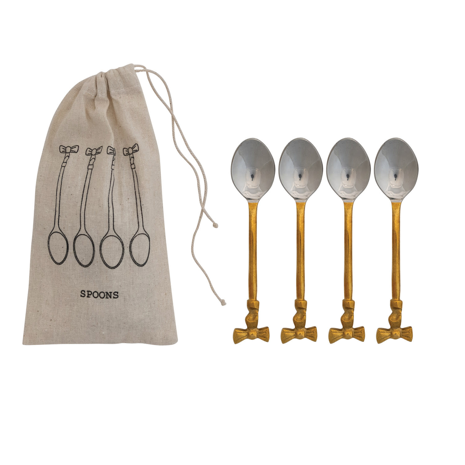 Coffee Spoons with Gold Finish, Set of 4 in Drawstring Bag