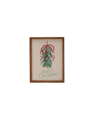 "Merry Christmas" Wood Framed Wall Decor with Holly & Bow, 12"x 16"