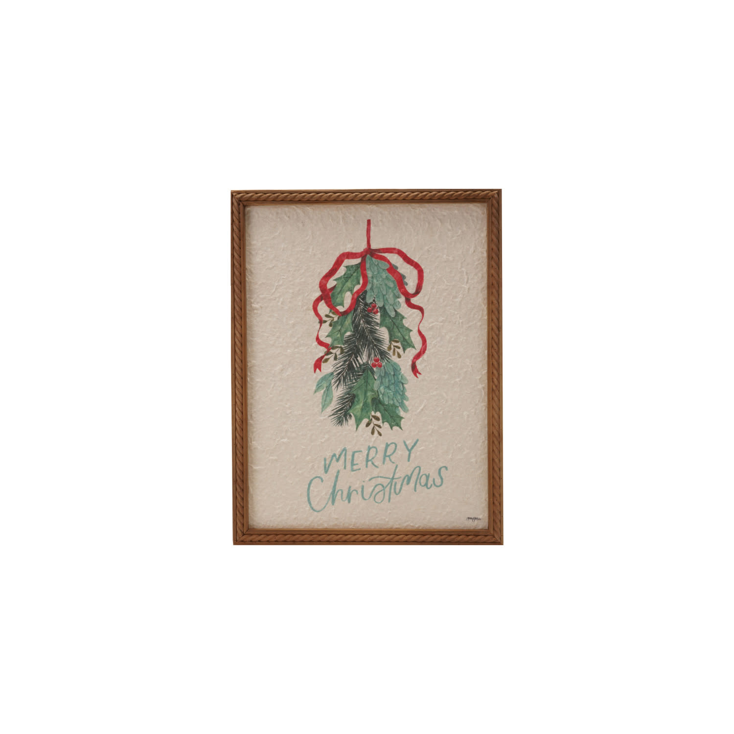"Merry Christmas" Wood Framed Wall Decor with Holly & Bow, 12"x 16"