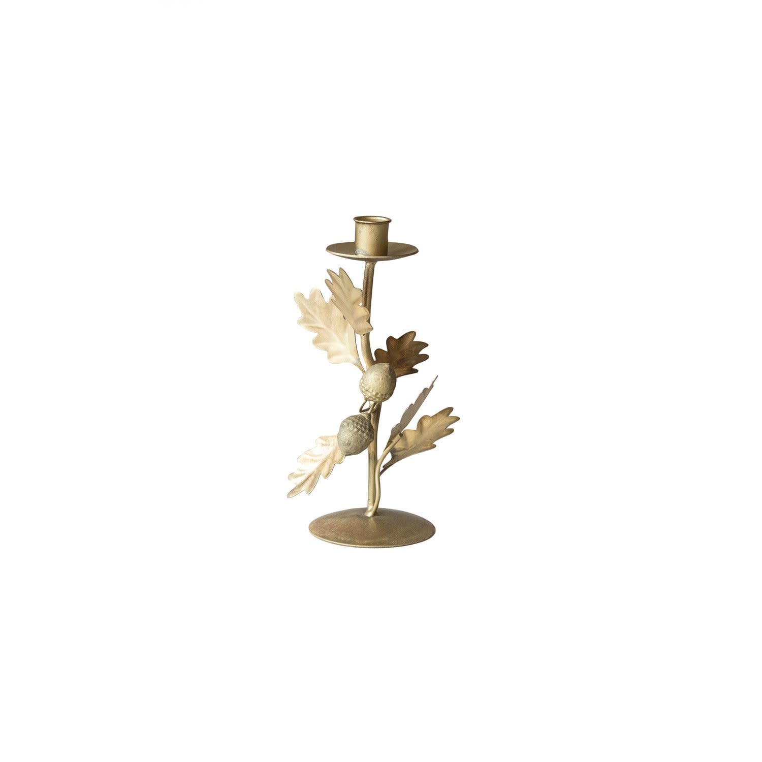 Handmade Metal Oak Leaves & Acorns Taper Holder, 8.5"