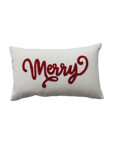 "Merry" Embroidered Lumbar Pillow, Red & Natural, 20 X 12 in.