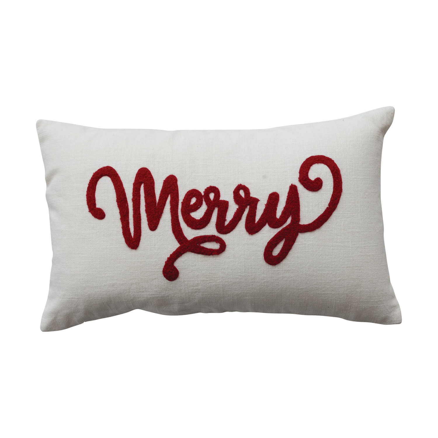 "Merry" Embroidered Lumbar Pillow, Red & Natural, 20 X 12 in.