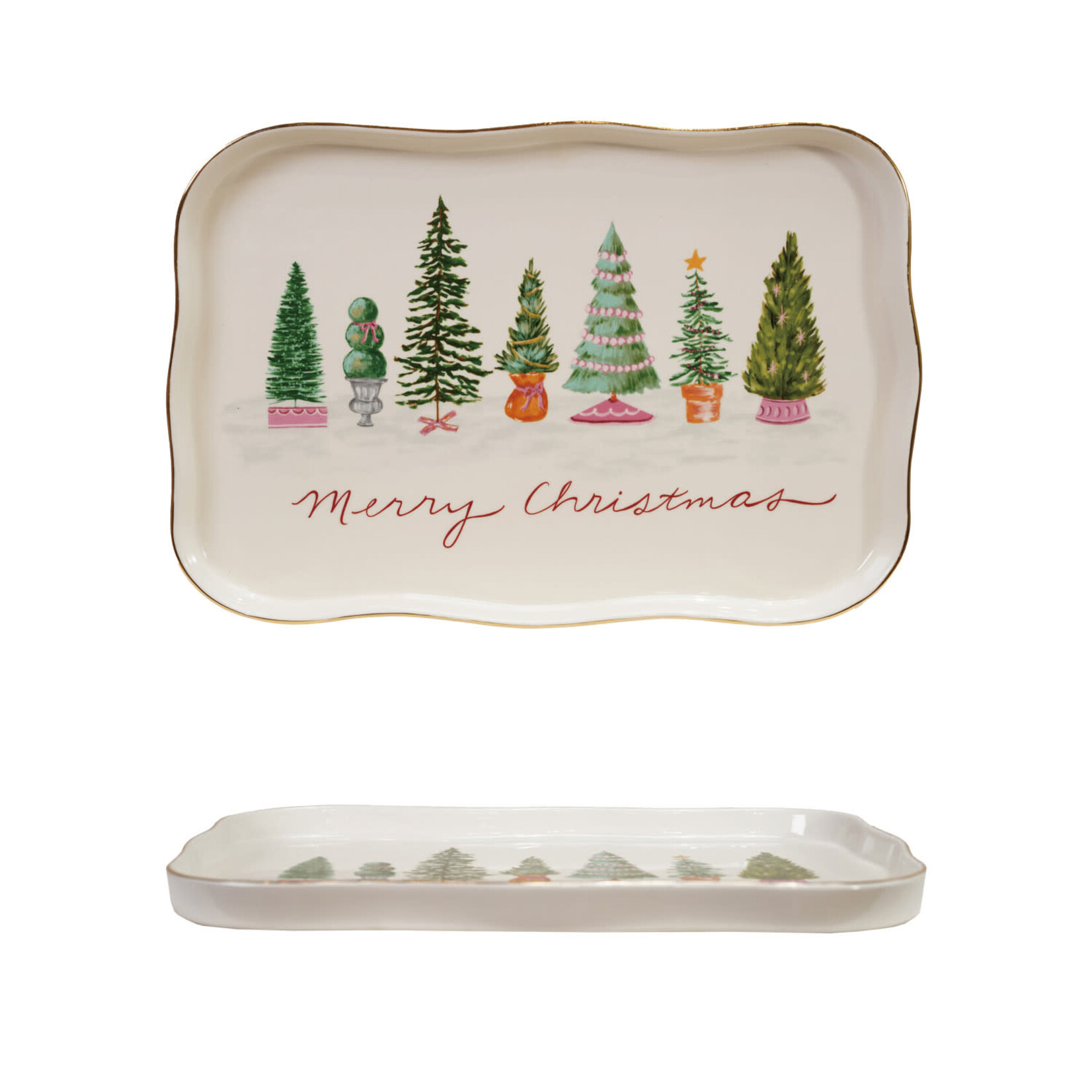 Scalloped Platter with Trees & Gold Etching, 13 X 9 in.