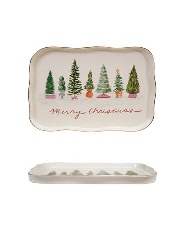 Scalloped Platter with Trees & Gold Etching, 13"x 9"