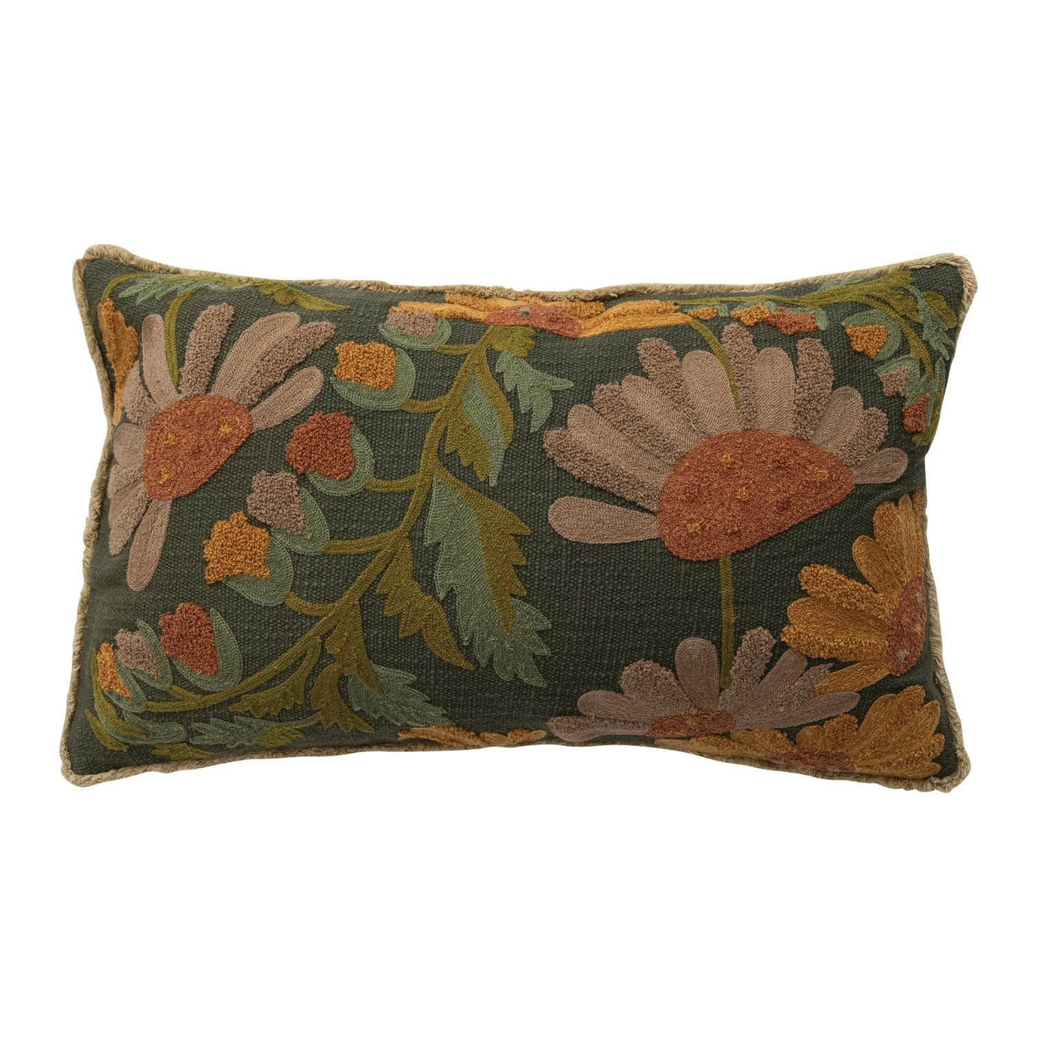 Embroidered Pillow with Flowers, 24"x 14"