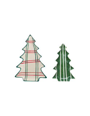 Ceramic Tree Shaped Plates with Stripe Pattern, Green, 8"