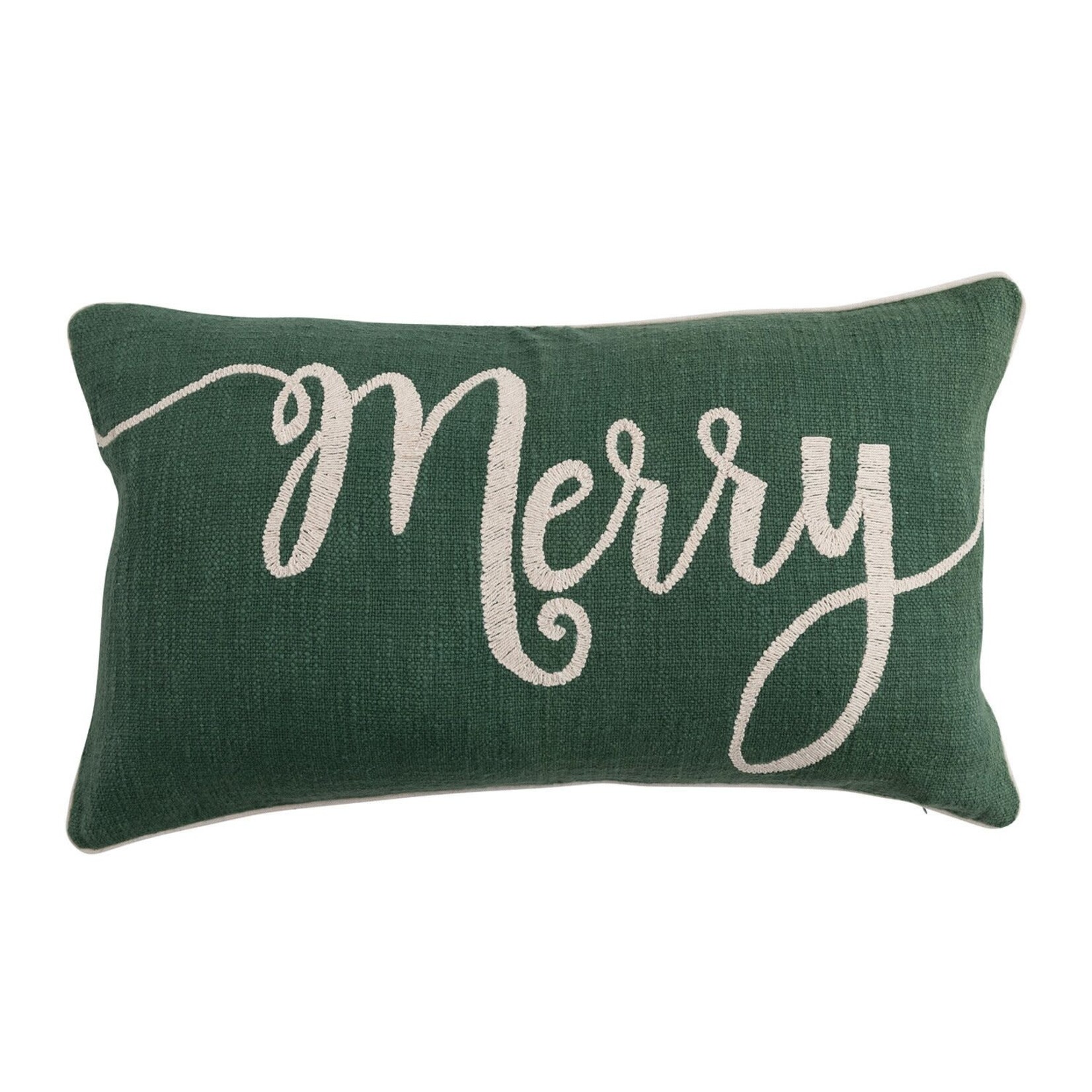 "Merry" Embroidered Pillow, Green & Natural, 24 X 14"