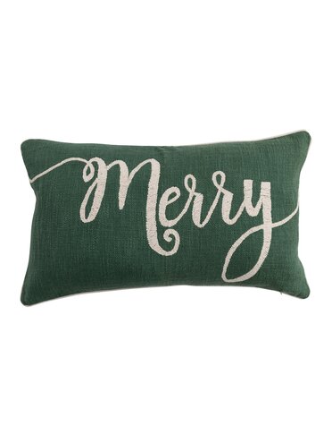 "Merry" Embroidered Pillow, Green & Natural, 24"x 14"
