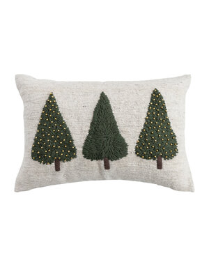 Wool Lumbar Pillow with Embroidered Trees & Beads, 24"x 16"