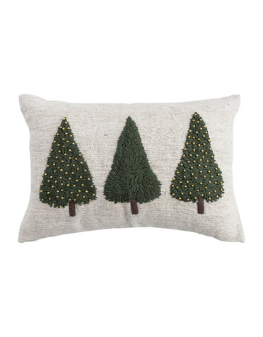 Wool Lumbar Pillow with Embroidered Trees & Beads, 24"x 16"