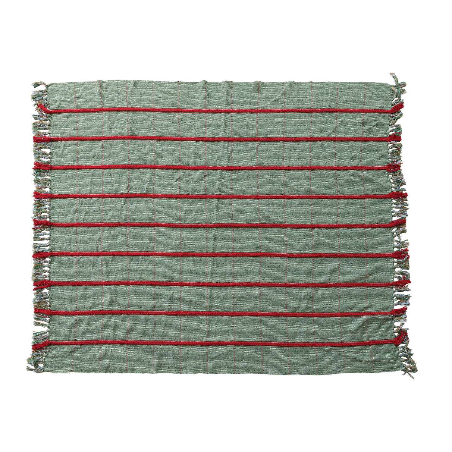 Throw with Braided Embroidery & Fringe, Red & Green, 60"x 50"