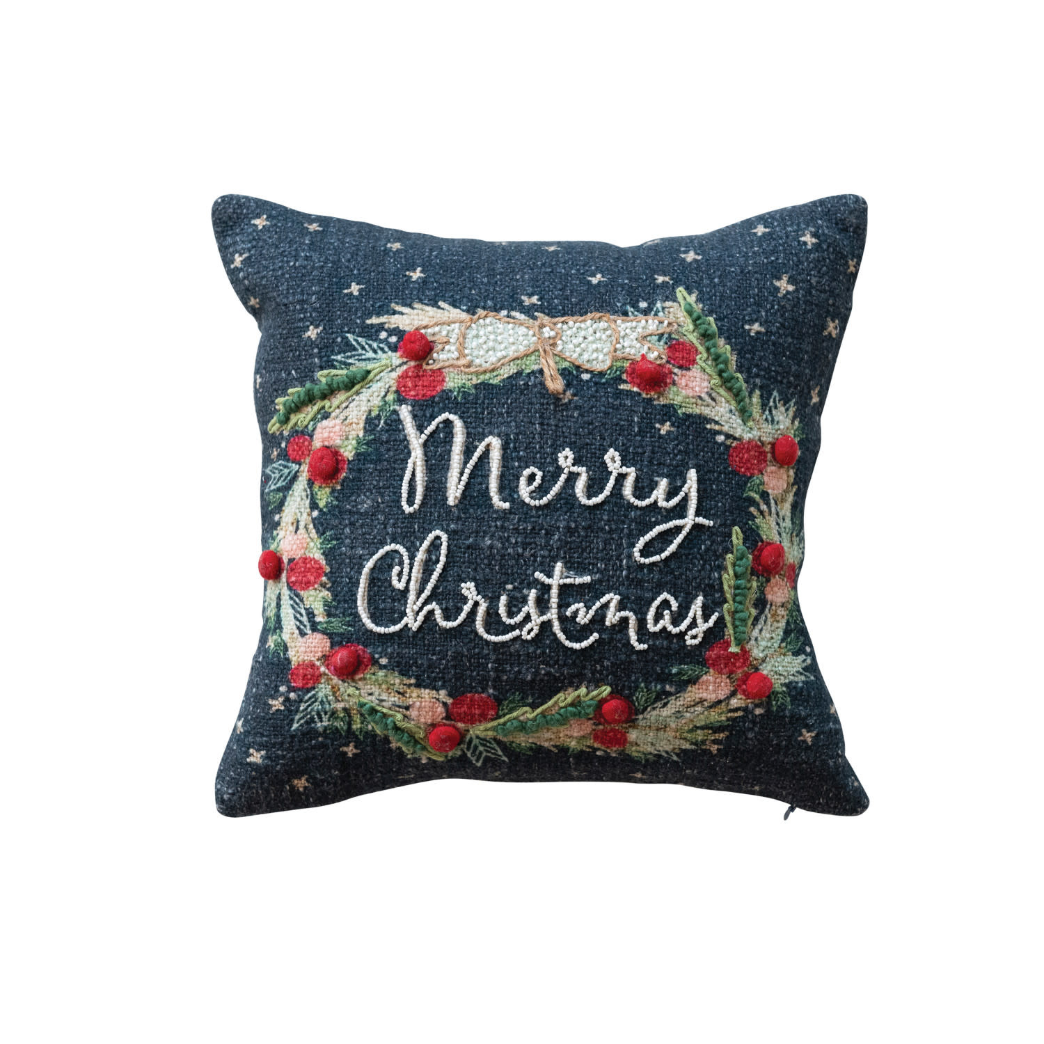Square Pillow with Wreath, Beads, & Pom Poms, 12"