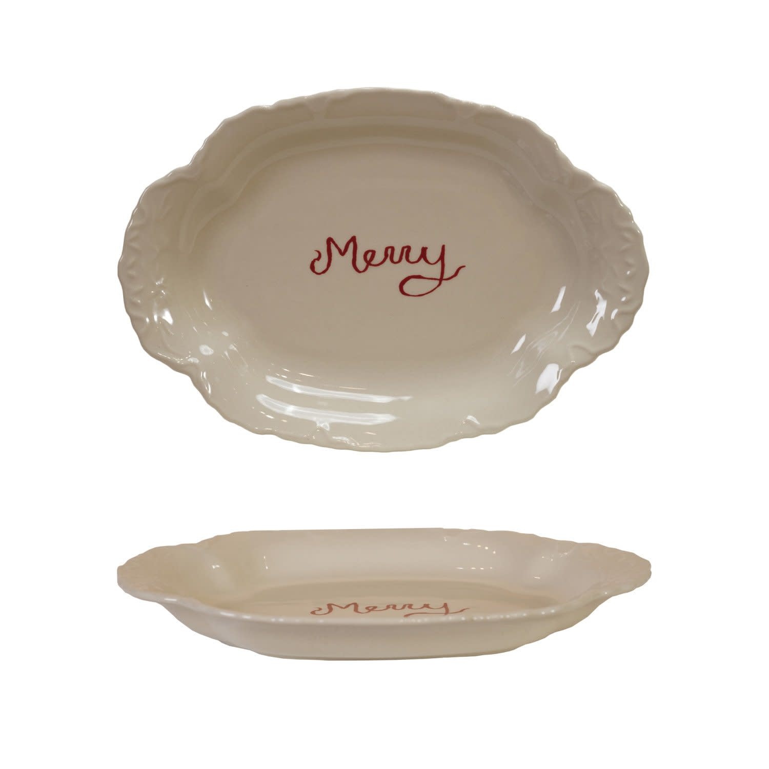 "Merry" Stoneware Scalloped Platter, 10"x 7"
