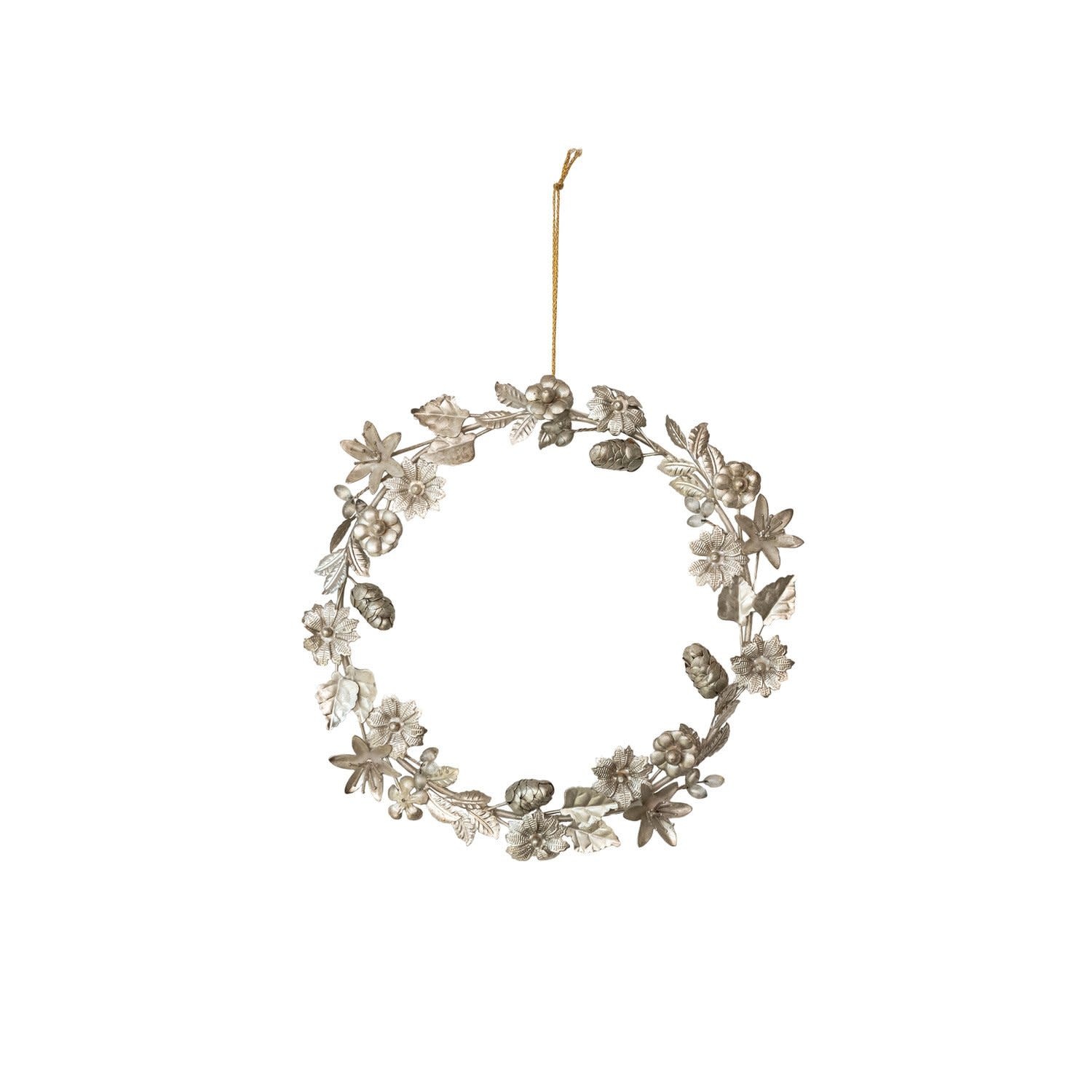 Metal Wreath with Leaves, Flowers, and Acorns, 12"