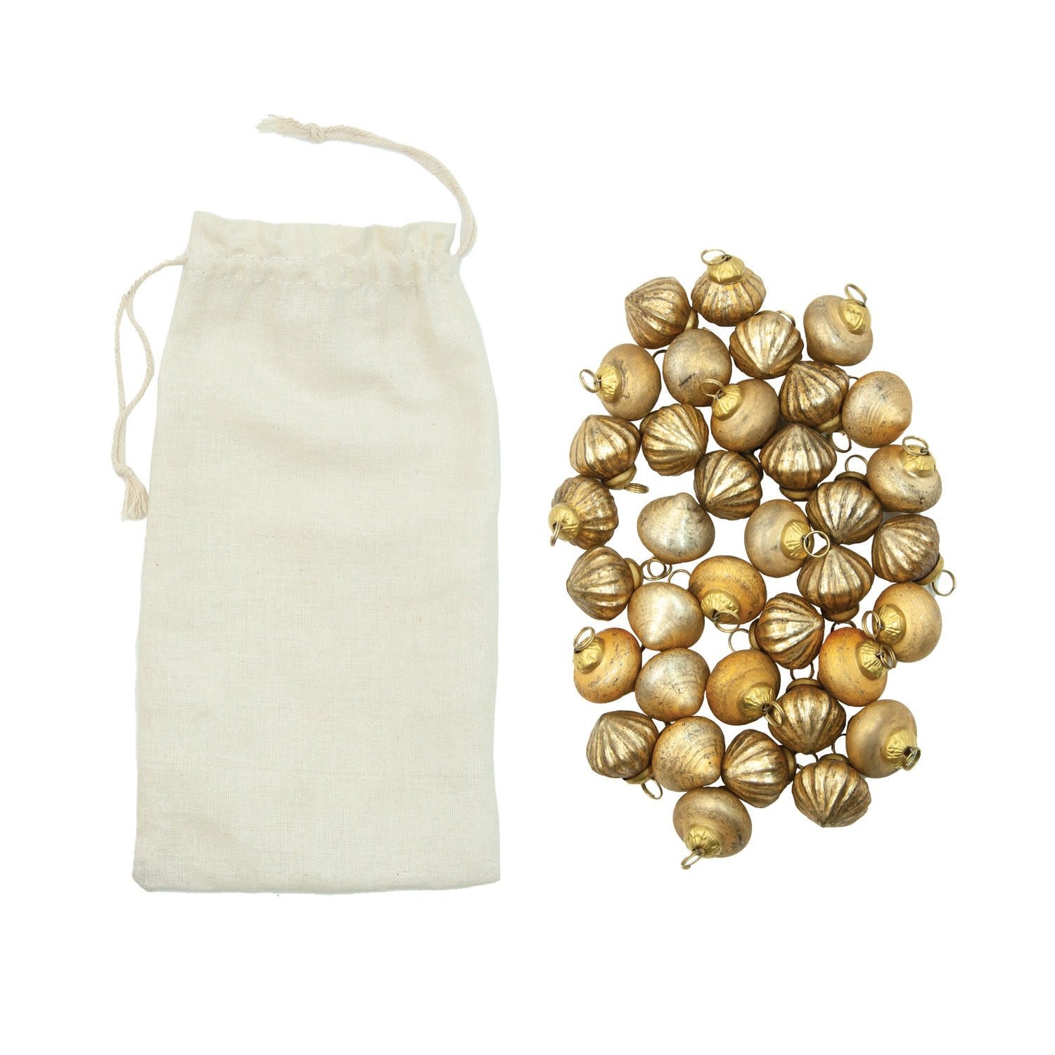 Mercury Glass Ornaments in Muslin Bag, Gold, Set of 36