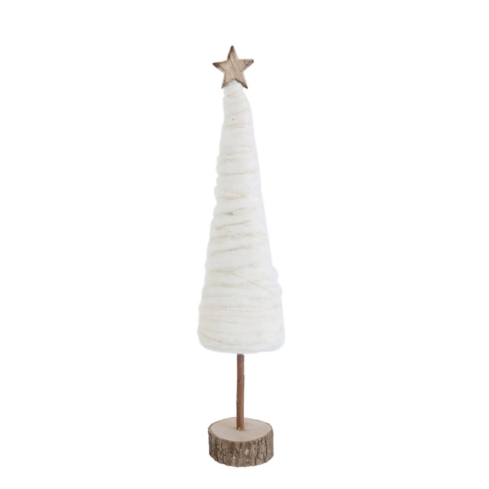 Wool Christmas Tree w/ Star & Wood Slice Base, Cream, 18"