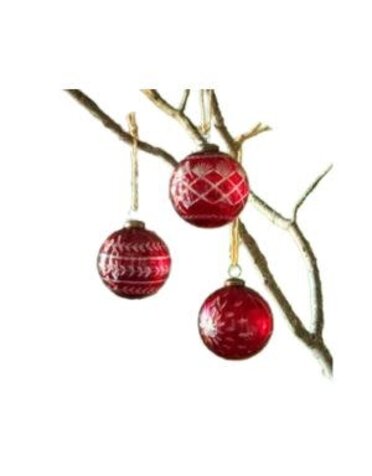 Red Glass Etched Ball Ornament, Assorted Designs, 4 in.