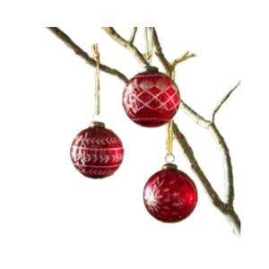 Red Glass Etched Ball Ornament, Assorted Designs, 4 in.