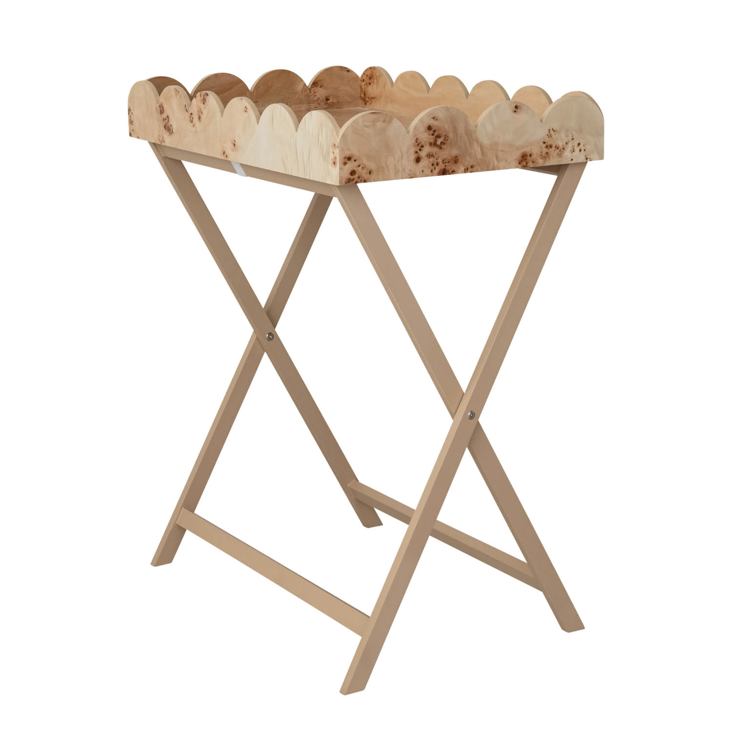 Burl Wood Folding Table with Removable Scalloped Tray, 28"x 18"x 33"