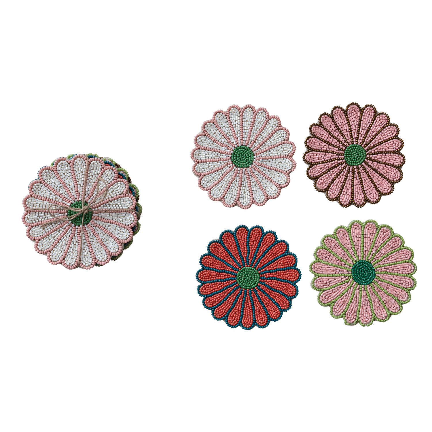 Glass Beaded Flower Shaped Coasters, Set of 4, 4"Rnd