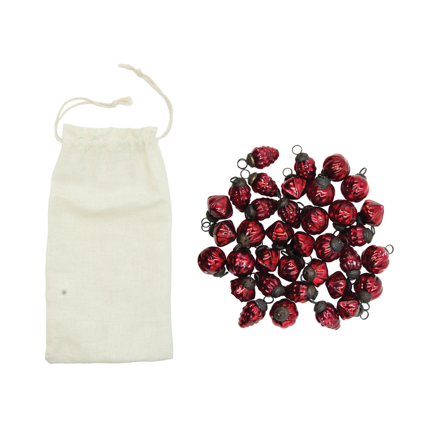 Mercury Glass Ornaments in Muslin Bag, Red, Set of 36