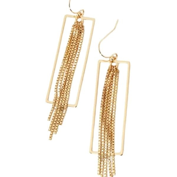Wild Honey Rectangular Drop Earrings with Chains, Gold
