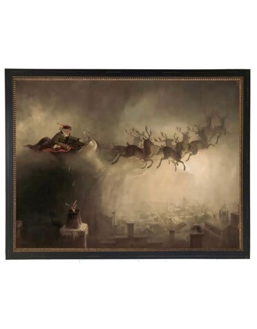 Antique Curiosities Inc Vintage Santa Sleigh Oil Painting, Silver Frame, 10 X 8