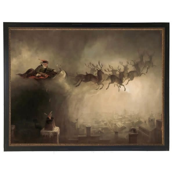 Antique Curiosities Inc Vintage Santa Sleigh Oil Painting, Silver Frame, 10 X 8