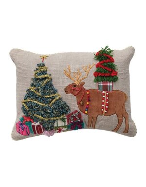 Reindeer & Christmas Tree, Lumbar Pillow with Embroidery, 20 X 14 in.