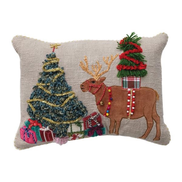 Reindeer & Christmas Tree, Lumbar Pillow with Embroidery, 20 X 14 in.