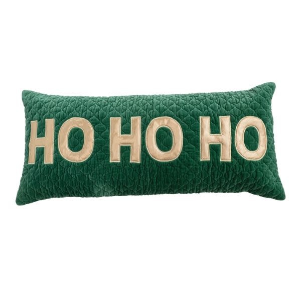 Velvet "HO HO HO" Quilted Lumbar Pillow, Green, 36 X 16 in.