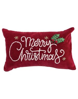 "Merry Christmas" Cotton Velvet Lumbar Pillow with Embroidery, Red, 20 X 12 in.