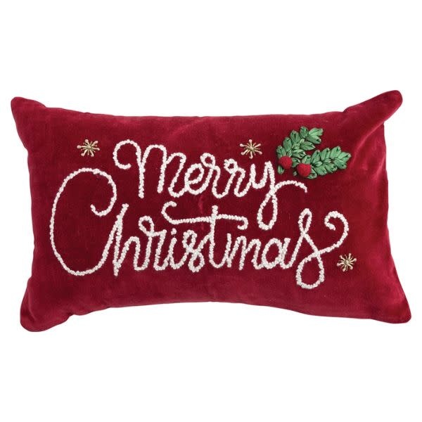 "Merry Christmas" Cotton Velvet Lumbar Pillow with Embroidery, Red, 20 X 12 in.